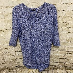 Express Blue White Open Knit V Neck Short Sleeve Sweater